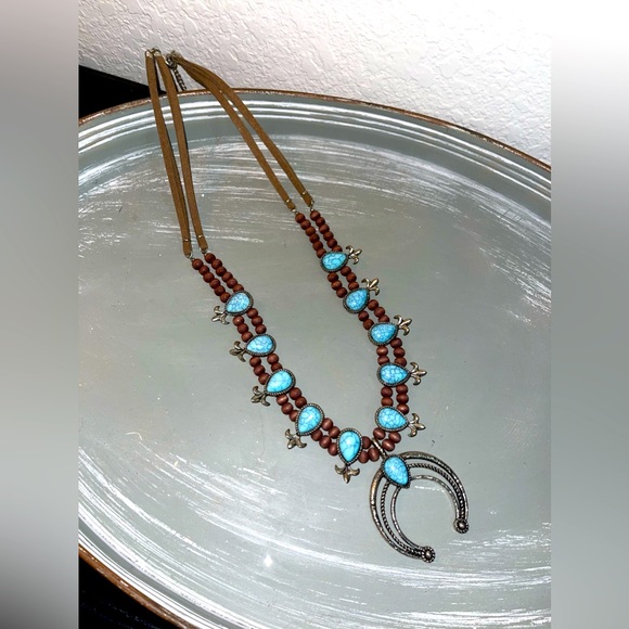 Faux Turquoise Squash Blossom Necklace - Picture 1 of 7